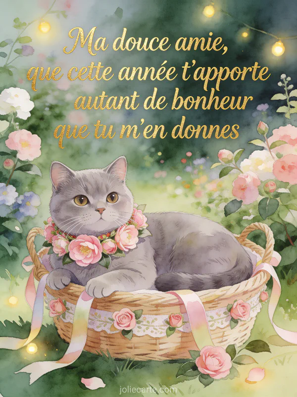Chat british shorthair gris avec collier de camélias roses dans panier décoré de rubans et roses