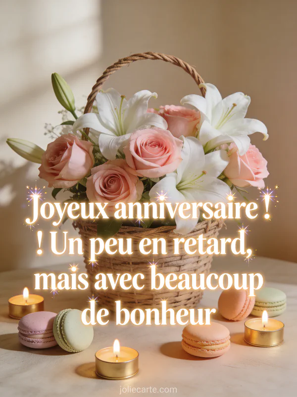 Lapin beige avec nœud papillon rose au milieu de ballons multicolores guirlandes et cupcakes sur fond bleu ciel avec le texte Joyeux anniversaire en retard