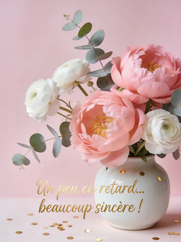 Pivoines roses et renoncules blanches avec eucalyptus dans un vase blanc avec confettis dorés sur fond blush avec le texte Un peu en retard beaucoup sincère