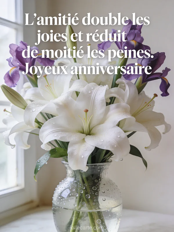 Bouquet de lys blancs et iris violets dans vase en verre avec gouttes de rosée et lumière de fenêtre
