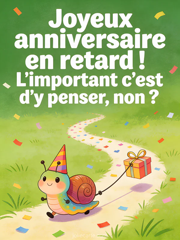 Escargot coloré avec chapeau de fête tirant un petit cadeau accroché par un ruban avec confettis sur fond vert prairie avec le texte L'important c'est d'y penser