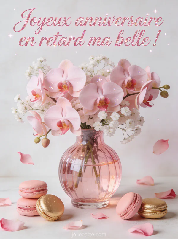 Bouquet d'orchidées roses et gypsophile dans un vase en verre rosé avec macarons roses et dorés avec le texte Joyeux anniversaire en retard ma belle