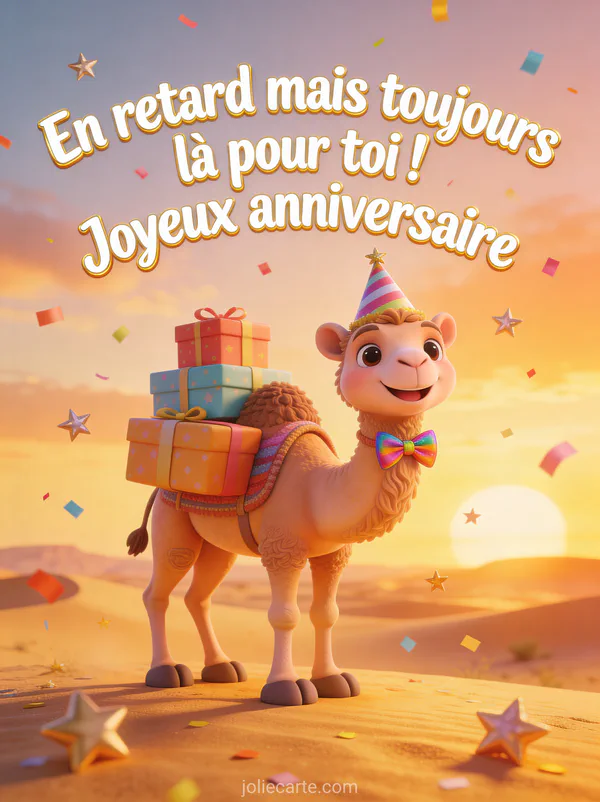 Dromadaire souriant avec chapeau de fête et cadeaux empilés sur sa bosse avec confettis et étoiles sur fond désert doré avec le texte En retard mais toujours là pour toi