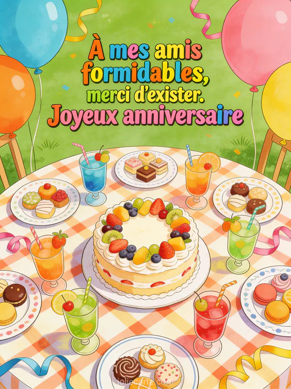 Table de fête vue du dessus avec gâteau aux fruits petits fours verres colorés ballons et serpentins