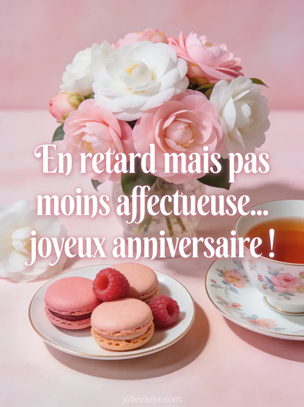 Bouquet de camélias roses et blancs avec macarons framboise et thé dans une tasse porcelaine fleurie sur fond rose poudré avec le texte En retard mais pas moins affectueuse