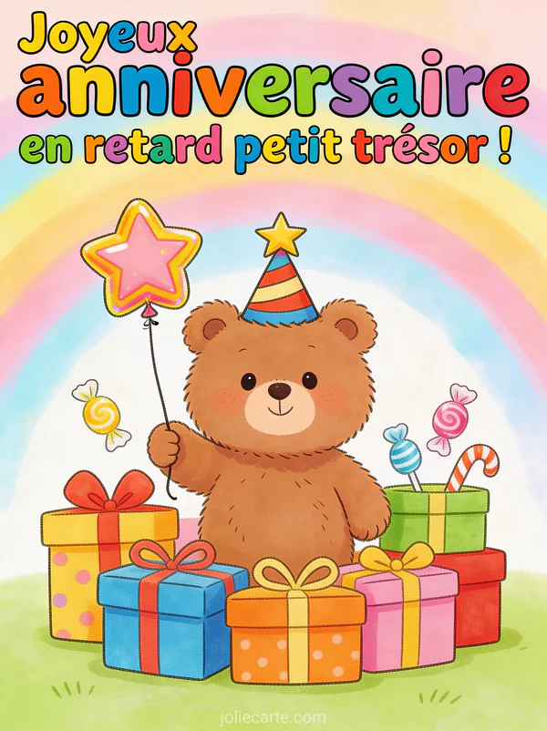 Ourson en peluche brun avec chapeau de fête tenant un ballon étoilé entouré de cadeaux colorés et sucettes sur fond arc-en-ciel pastel avec le texte Joyeux anniversaire en retard petit trésor