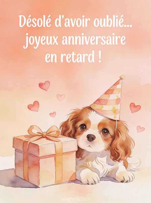 Cavalier king charles aux yeux tendres avec chapeau de fête penché et cadeau emballé avec petits cœurs flottant avec le texte Désolé d'avoir oublié
