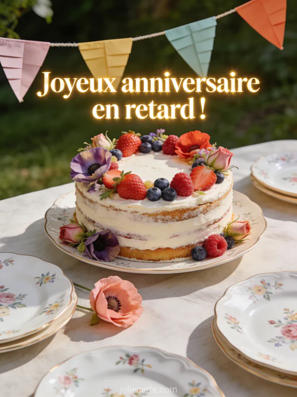 Naked cake décoré de fruits frais et fleurs comestibles avec assiettes vintage et guirlande de fanions avec le texte Joyeux anniversaire en retard