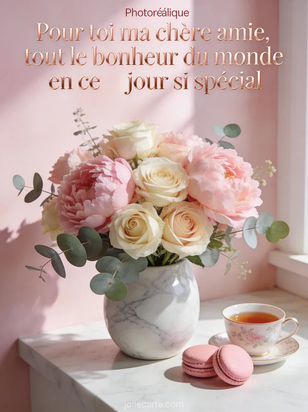 Pivoines roses roses crème et eucalyptus dans vase en marbre avec macarons et thé en porcelaine