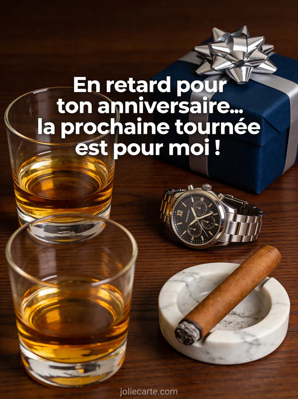 Verres de whisky cigare montre et cadeau bleu marine avec nœud argent sur fond bois sombre avec le texte En retard pour ton anniversaire