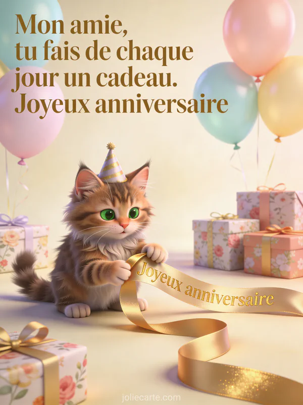 Chaton maine coon aux yeux verts avec chapeau de fête jouant avec ruban doré parmi ballons et cadeaux