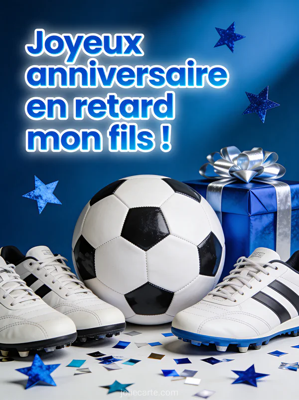 Ballon de football baskets neuves et cadeau emballé bleu et argent avec confettis et étoiles bleues avec le texte Joyeux anniversaire en retard mon fils