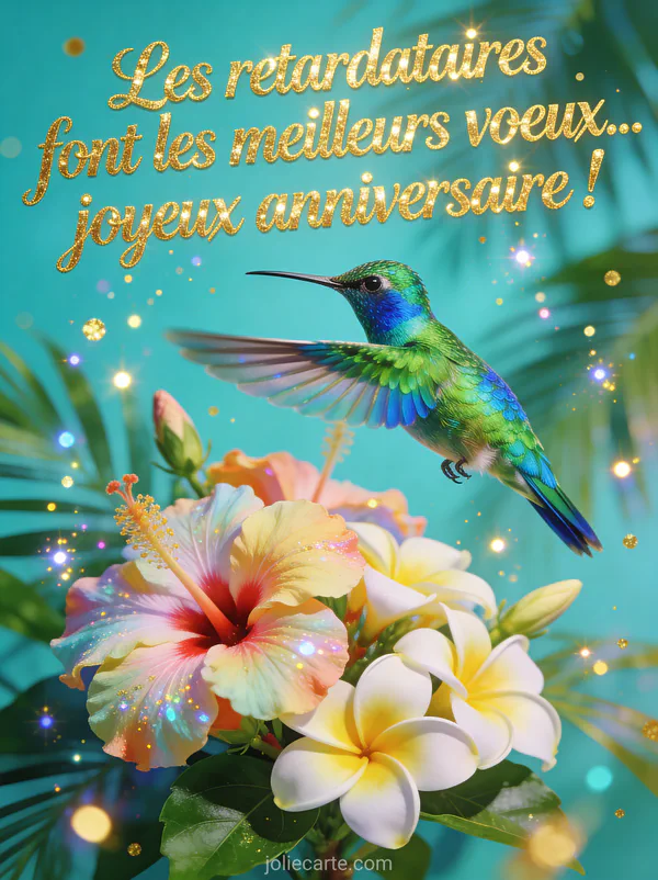 Colibri aux plumes irisées vertes et bleues volant autour d'hibiscus et frangipaniers avec paillettes dorées avec le texte Les retardataires font les meilleurs vœux