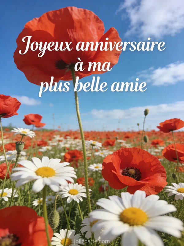 Champ de coquelicots rouges et marguerites blanches sous ciel bleu d'été avec texte anniversaire