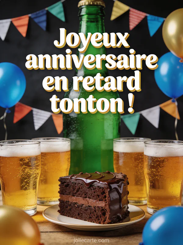 Verres de bière et part de gâteau au chocolat avec guirlande de fanions et ballons bleus et dorés sur fond vert bouteille avec le texte Joyeux anniversaire en retard tonton