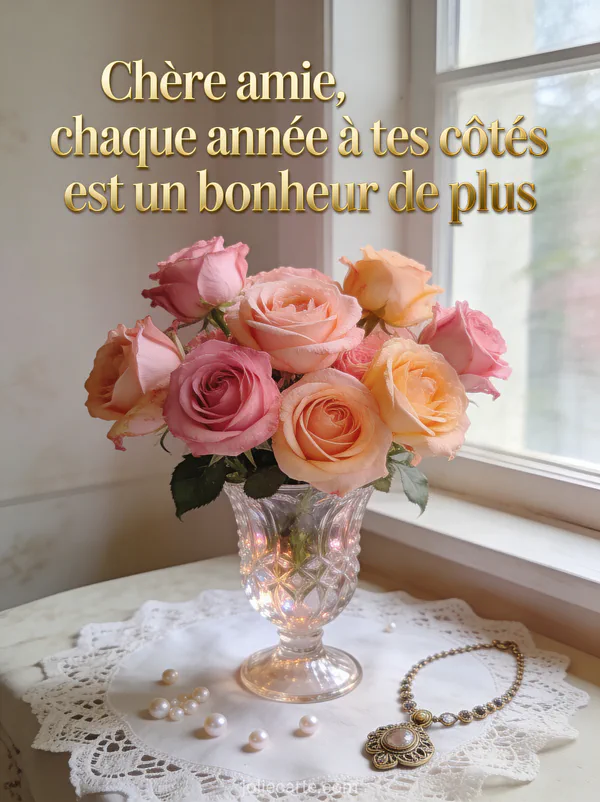 Bouquet de roses anglaises roses et pêche dans vase en cristal sur nappe en dentelle avec perles