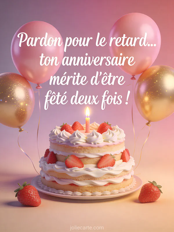 Explosion de confettis dorés et argentés avec serpentins et ballons scintillants et guirlande lumineuse sur fond violet et magenta avec le texte Pardon pour le retard