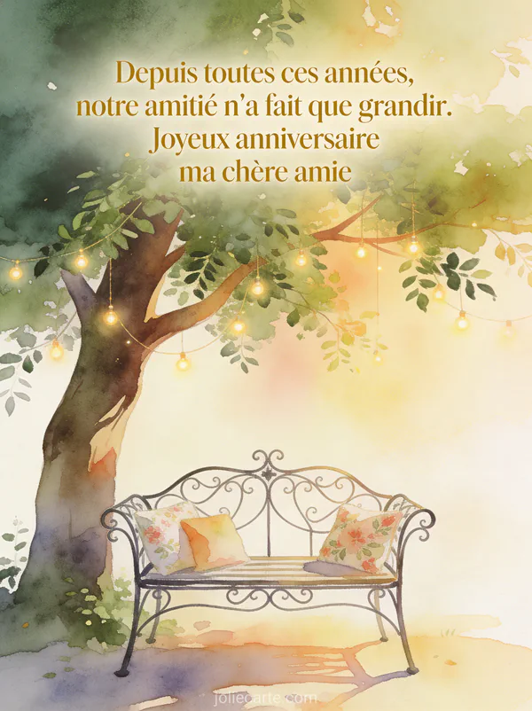 Grand arbre majestueux avec lumières féeriques banc de jardin en fer forgé et lumière dorée