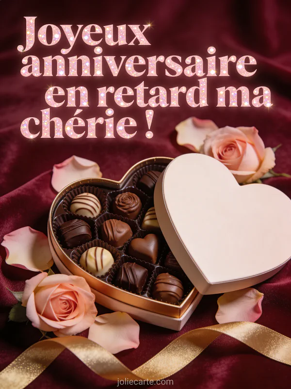 Boîte de chocolats en forme de cœur ouverte avec pralinés entourée de pétales de rose et ruban doré sur fond velours bordeaux avec le texte Joyeux anniversaire en retard ma chérie