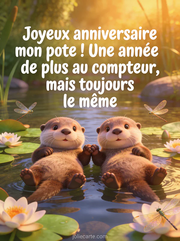 Deux loutres côte à côte flottant dans une rivière en se tenant les pattes avec nénuphars