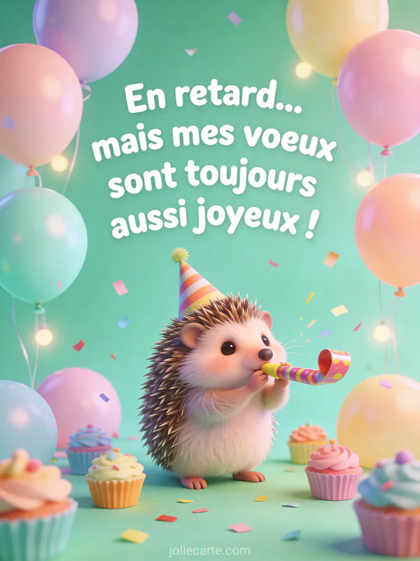 Hérisson avec chapeau d'anniversaire soufflant dans un sifflet de fête entouré de ballons pastel confettis et cupcakes avec le texte En retard mais mes vœux sont joyeux