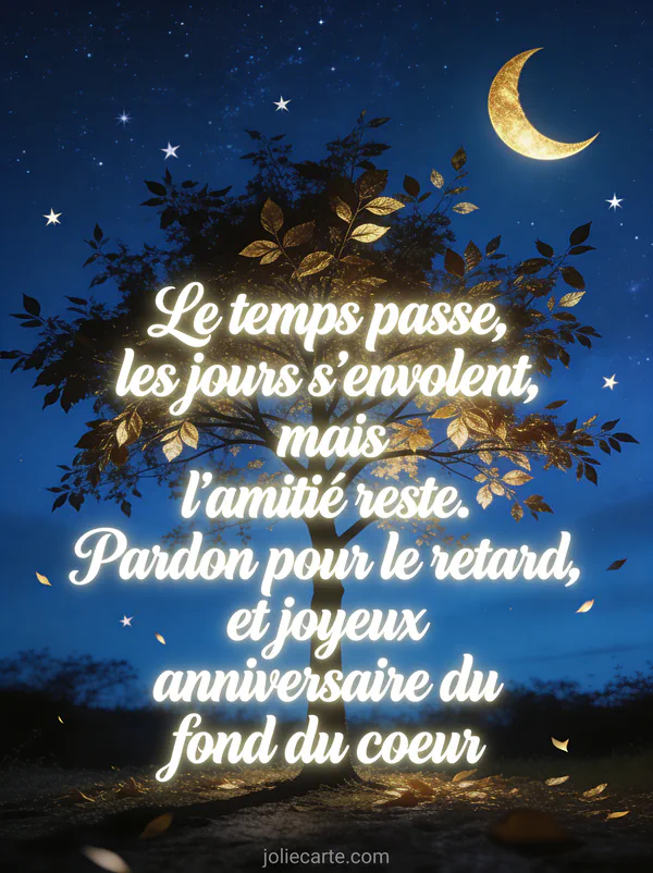 Ciel étoilé avec lune croissante dorée et silhouette d'arbre aux feuilles dorées qui s'envolent comme des étoiles avec le texte Le temps passe les jours s'envolent