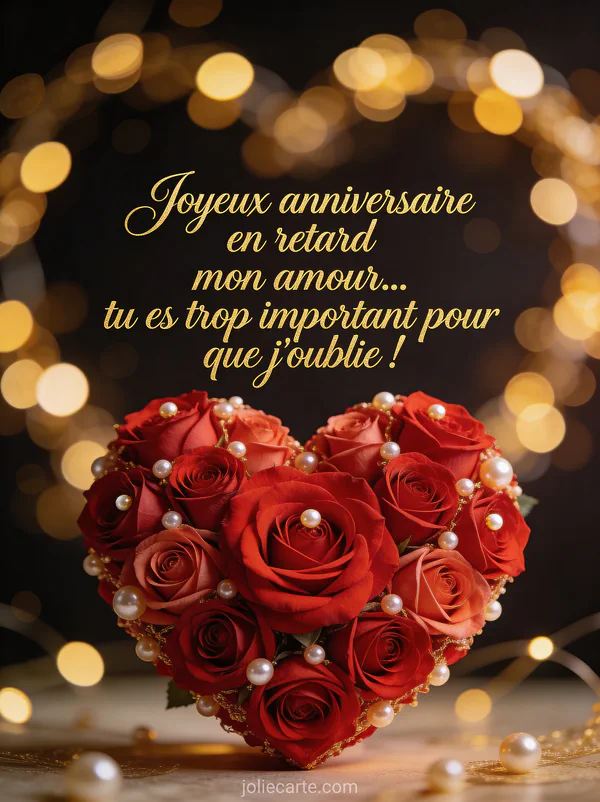 Cœur composé de roses rouges et roses avec perles sur fond sombre avec lumières bokeh dorées avec le texte Joyeux anniversaire en retard mon amour