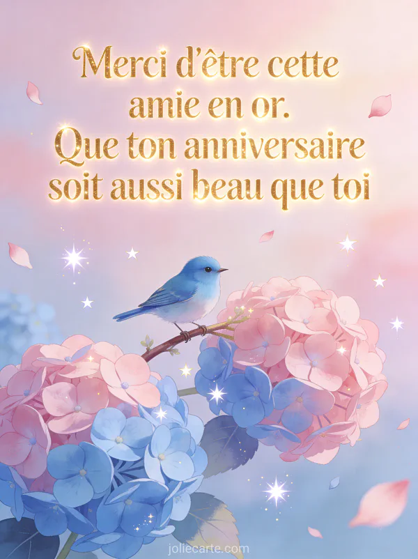 Mésange bleue posée sur branche d'hortensia rose et bleu avec étoiles et pétales flottants