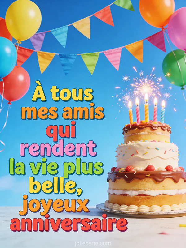 Guirlande de fanions multicolores ballons gâteau d'anniversaire avec sparklers sur fond bleu ciel