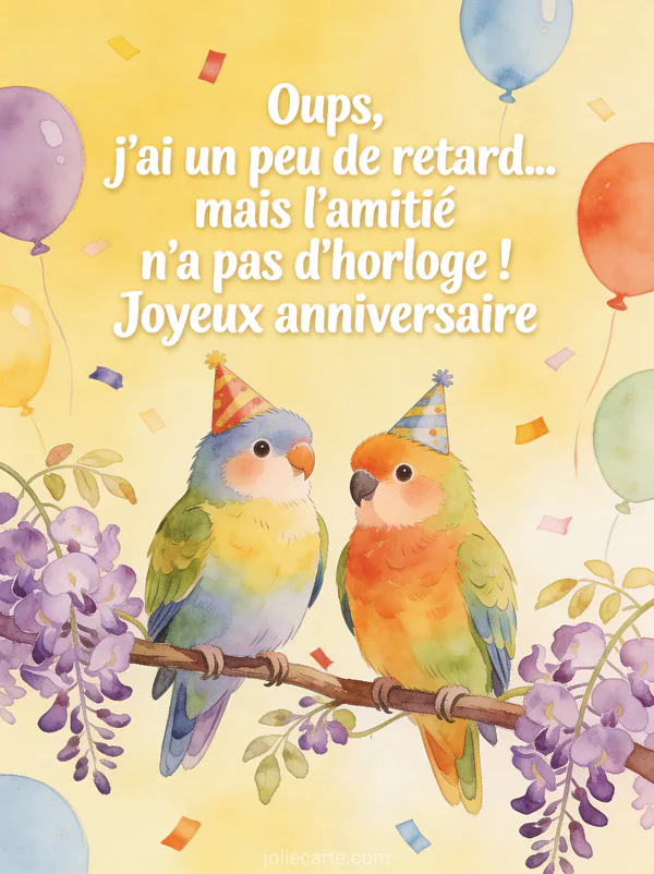 Deux perruches colorées avec chapeaux de fête perchées sur une branche de glycine avec ballons et confettis avec le texte Oups j'ai un peu de retard