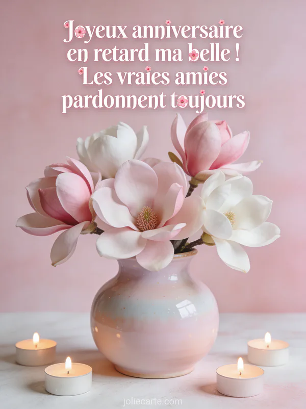 Magnolias roses et blancs dans un vase en céramique pastel avec bougies parfumées sur fond rose poudré avec le texte Joyeux anniversaire en retard ma belle