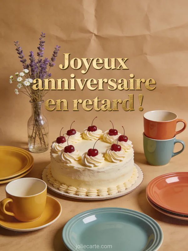 Gâteau vintage décoré de crème beurre et cerises confites avec vaisselle rétro et fleurs séchées sur fond papier kraft avec le texte Joyeux anniversaire en retard