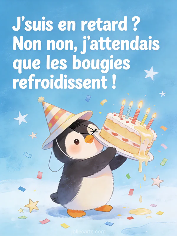 Pingouin avec chapeau de fête trop grand tenant maladroitement un gâteau penché avec bougies fondues et confettis avec le texte J'suis en retard