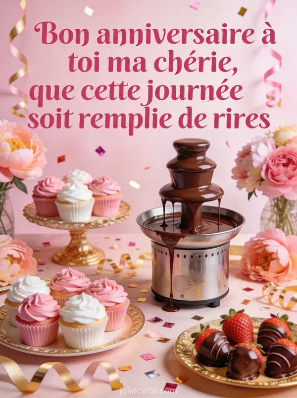 Table de goûter avec cupcakes roses fontaine de chocolat fraises enrobées pivoines et confettis