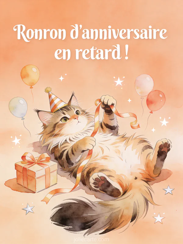 Chat maine coon couché sur le dos avec chapeau de fête jouant avec un ruban de cadeau avec ballons et étoiles avec le texte Ronron d'anniversaire en retard