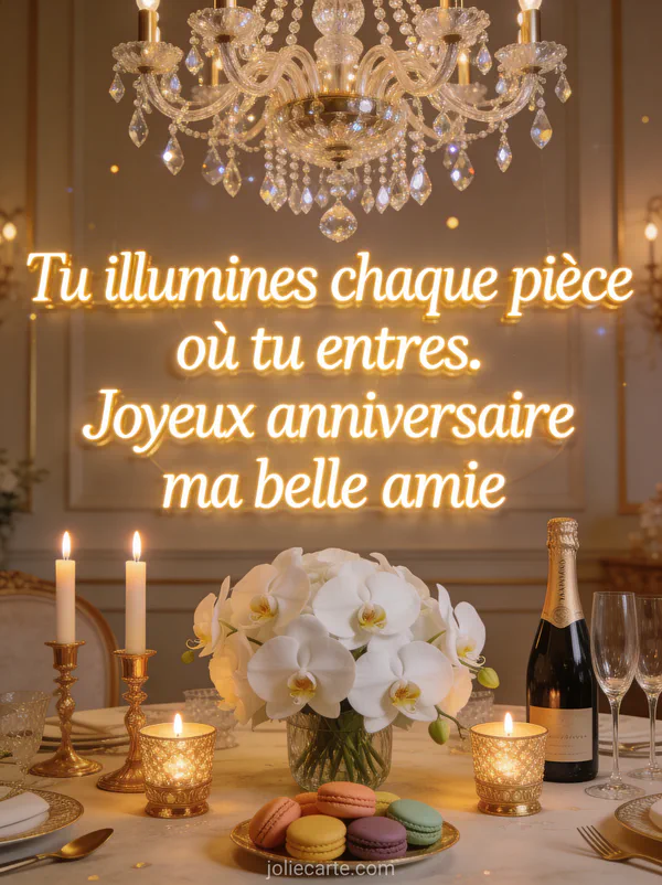 Lustre en cristal orchidées blanches bougies dans photophores dorés macarons et champagne