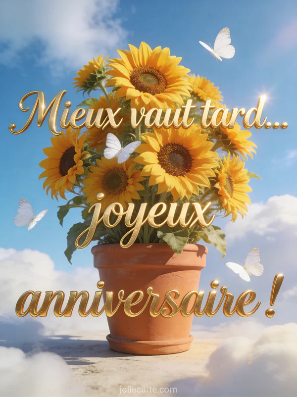 Tournesols dans un pot en terre cuite avec papillons blancs virevoltant sur fond bleu ciel ensoleillé avec le texte Mieux vaut tard