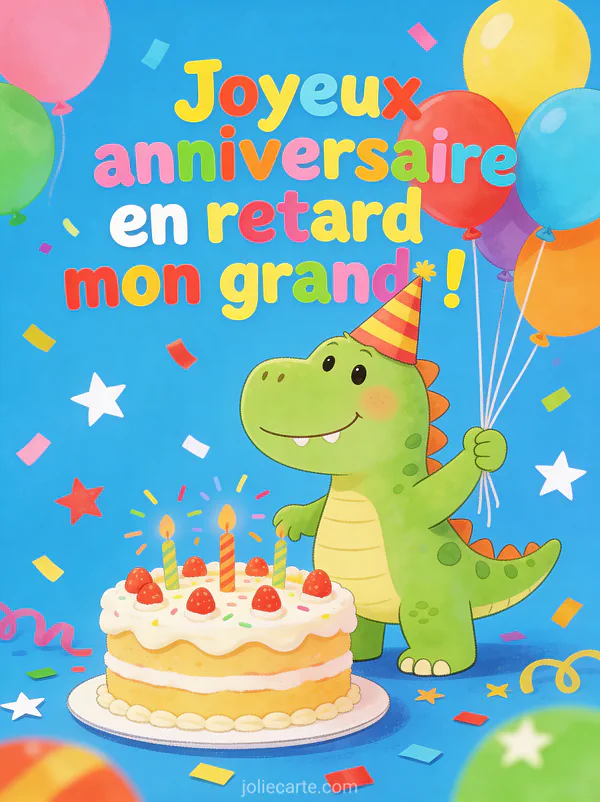 Dinosaure vert souriant avec chapeau de fête tenant des ballons multicolores avec gâteau confettis et étoiles avec le texte Joyeux anniversaire en retard mon grand