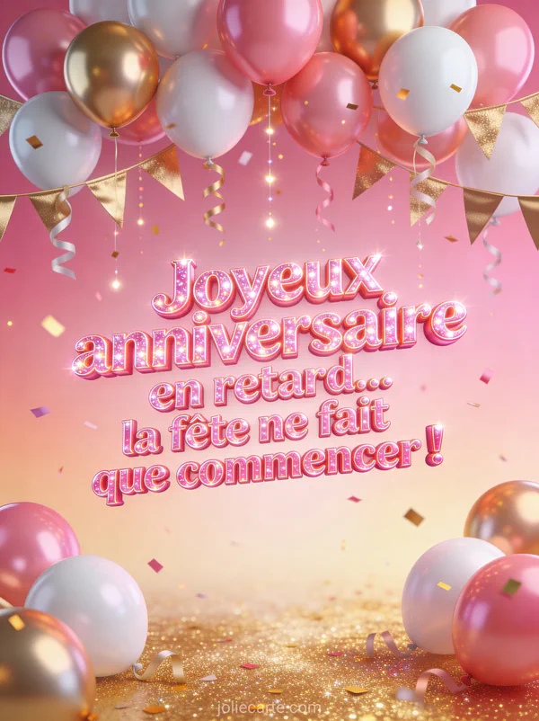 Cascade de ballons roses dorés et blancs avec guirlande de fanions dorés et confettis scintillants sur fond rose et doré avec le texte Joyeux anniversaire en retard