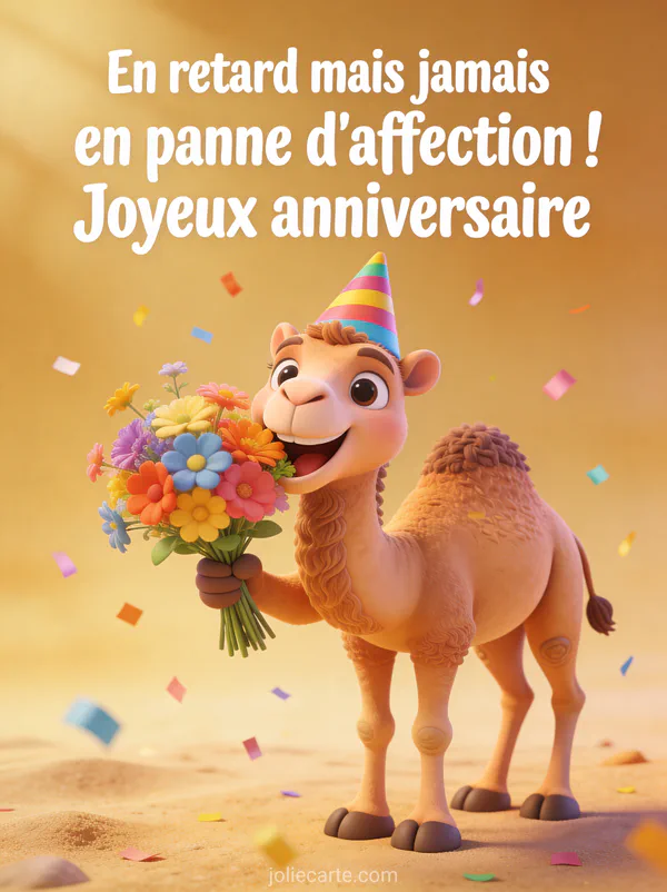 Dromadaire souriant avec chapeau de fête à rayures portant un bouquet de fleurs colorées avec confettis sur fond sable doré avec le texte En retard mais jamais en panne d'affection