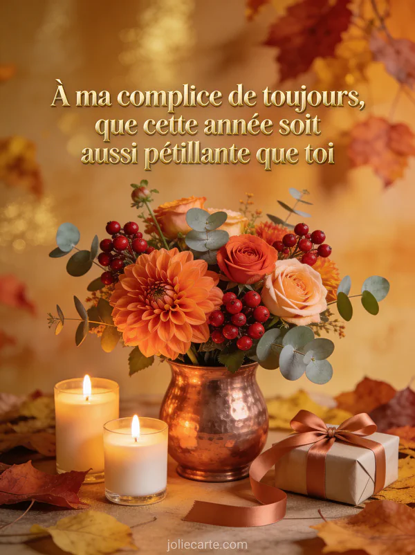 Arrangement de dahlias oranges et roses avec baies rouges eucalyptus bougies et cadeau dans vase cuivre