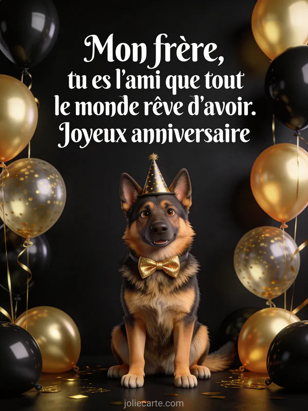Chien berger allemand avec chapeau de fête et nœud papillon doré entouré de ballons dorés et noirs