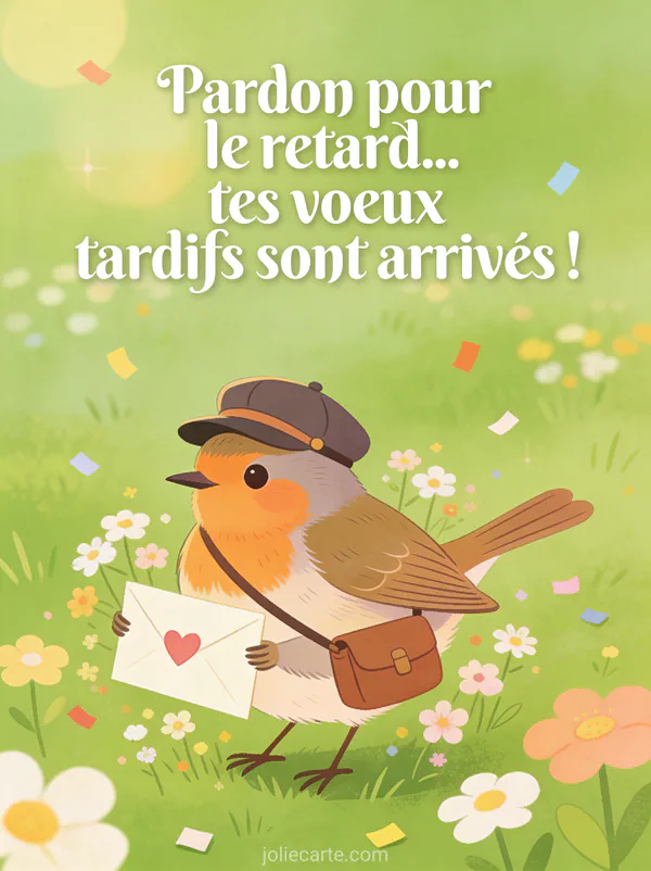 Moineau avec casquette de facteur livrant une lettre avec cœur entouré de fleurs des champs et confettis sur fond vert prairie avec le texte Pardon pour le retard