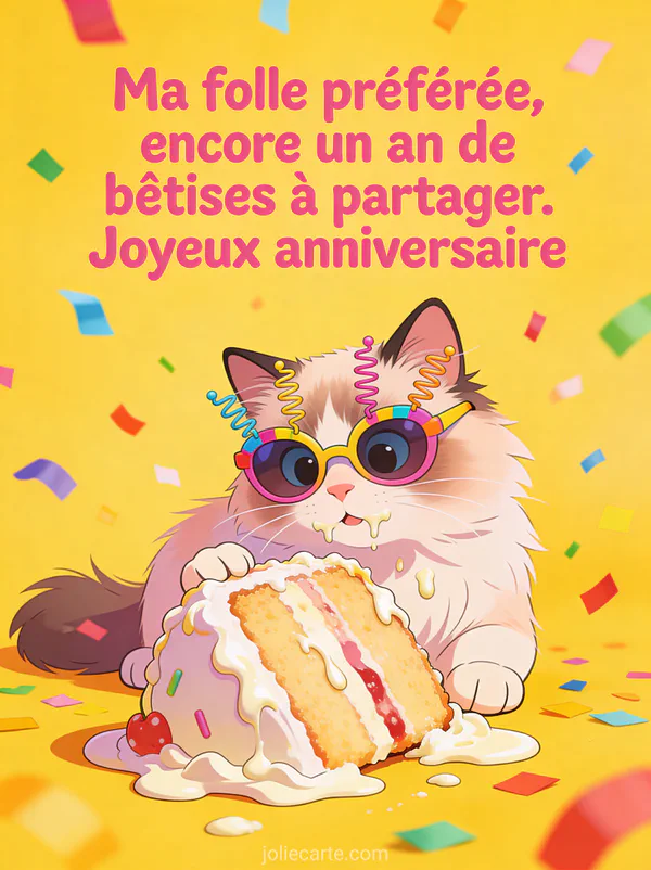 Chat ragdoll avec lunettes de fête à ressorts devant gâteau renversé et confettis multicolores