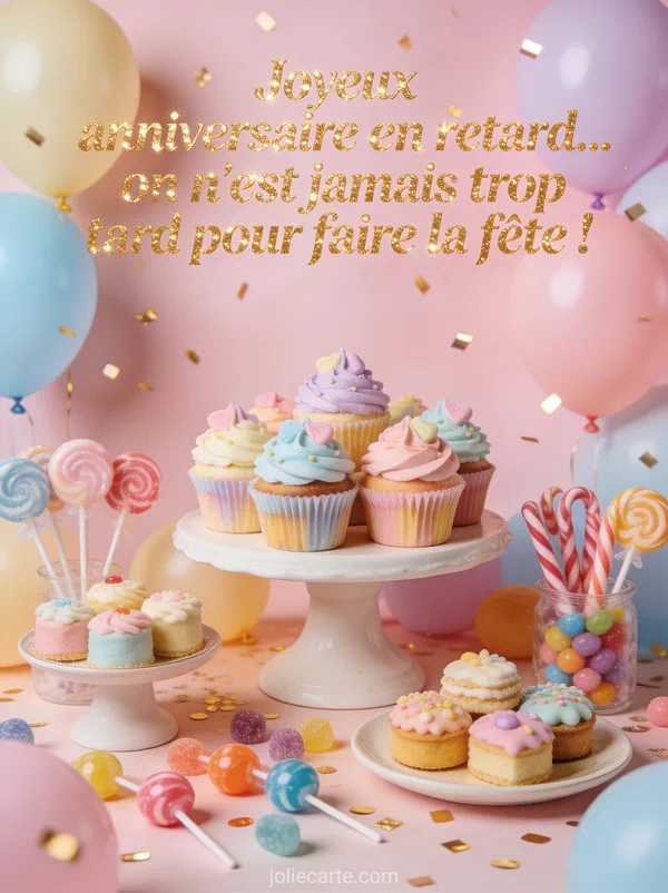 Cupcakes décorés pastel sucettes bonbons colorés avec ballons pastel et paillettes dorées sur fond rose candy bar avec le texte Joyeux anniversaire en retard