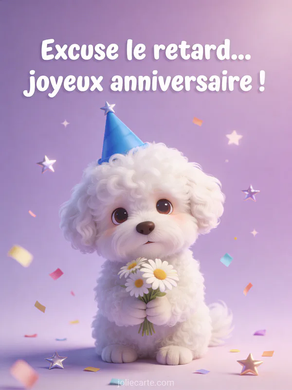 Bichon frisé blanc avec chapeau de fête bleu et regard coupable tenant un bouquet de marguerites avec confettis et étoiles avec le texte Excuse le retard