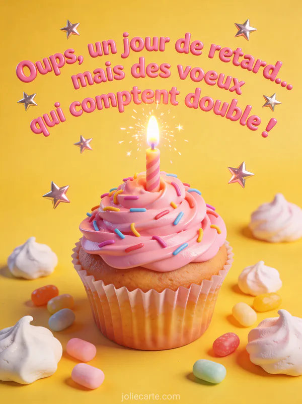 Gros cupcake crème rose avec vermicelles colorés et bougie pétillante entouré de meringues et bonbons sur fond jaune vif avec le texte Oups un jour de retard
