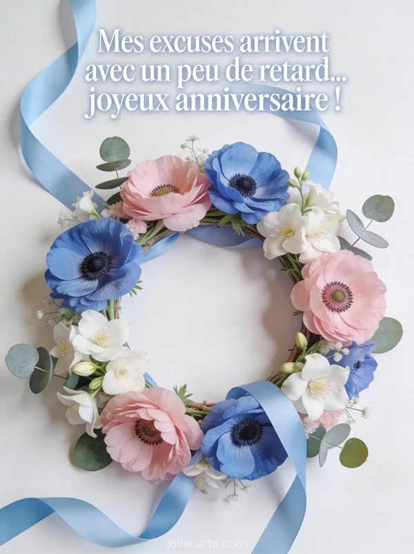 Couronne de fleurs anémones bleues et roses jasmin et eucalyptus avec ruban bleu pastel sur fond blanc avec le texte Mes excuses arrivent avec un peu de retard