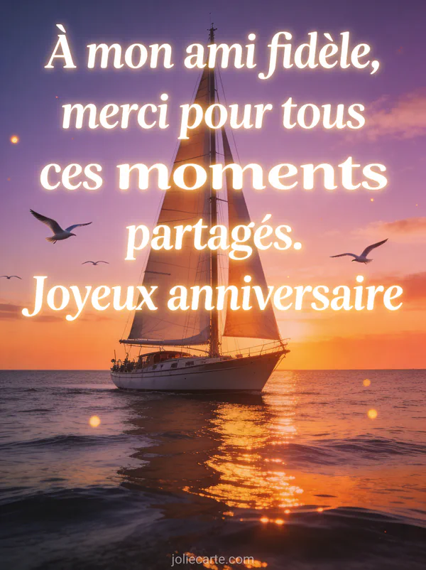 Voilier naviguant sur mer calme au coucher du soleil ciel orangé et violet avec mouettes en vol