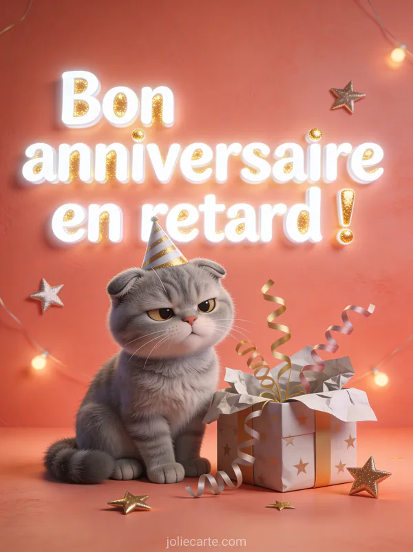 Chat scottish fold gris avec chapeau de fête et air espiègle à côté d'un cadeau déballé avec serpentins et étoiles sur fond corail avec le texte Bon anniversaire en retard